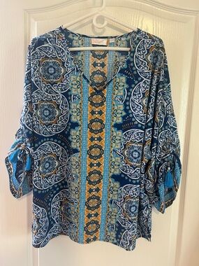 Belle by Kim Gravel Blue and Gold Medallion V-Neck Tunic
